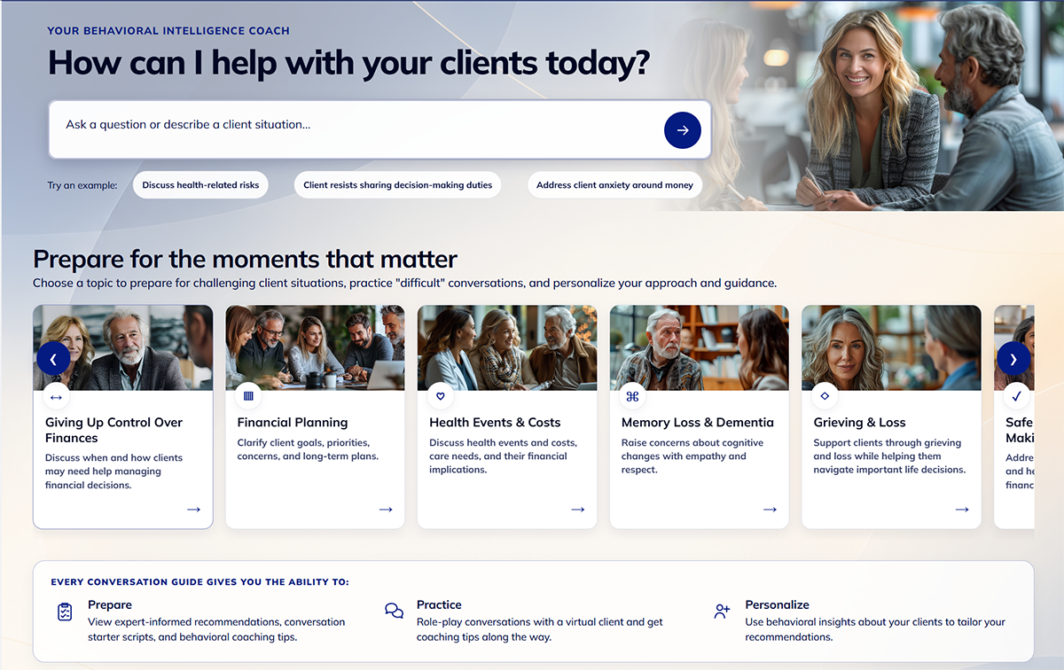 WhealthChat advisor homepage showing the behavioral coaching experience