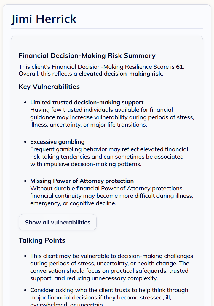 Financial Decision-Making Risk Summary with client vulnerabilities and advisor talking points